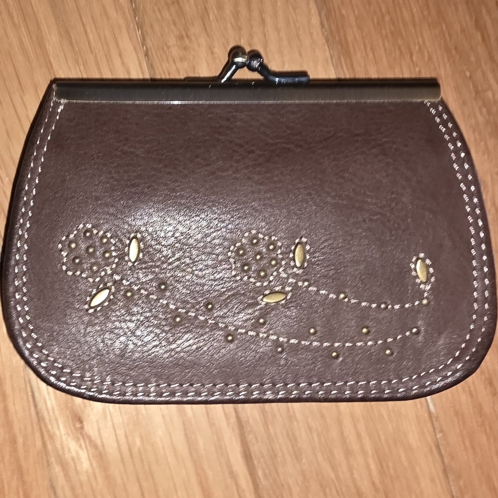 OVERSIZED Brown Leather Coin Purse with Floral Design SNAP Credit Card Holder